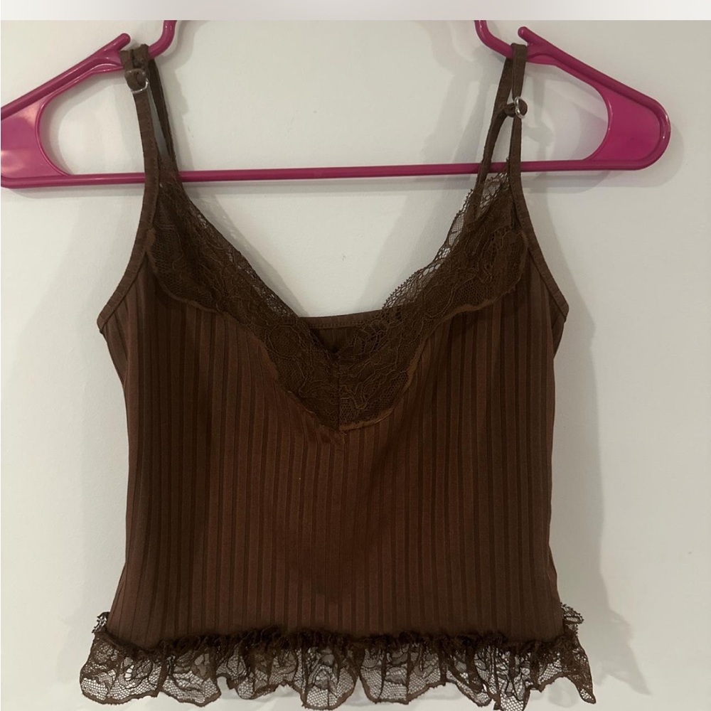 Brown Lace Trim Ribbed Women's Top